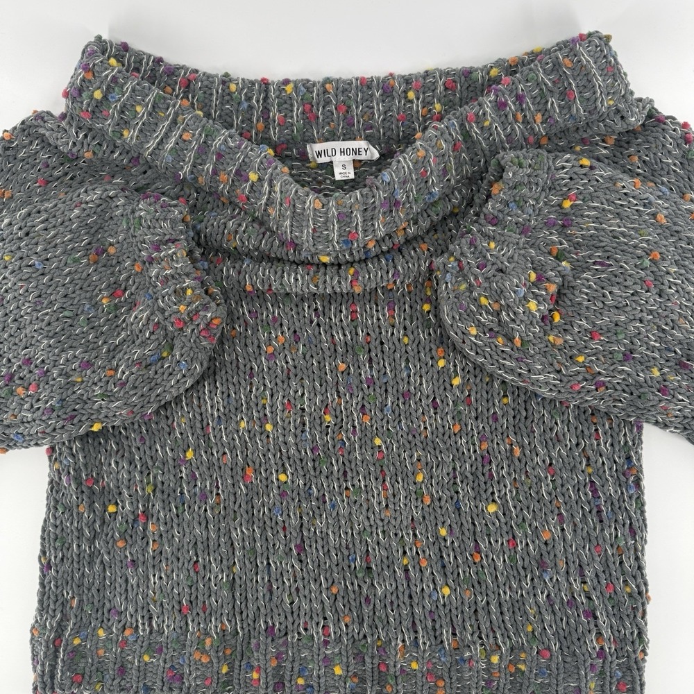 Wild Honey Women Chunky Knit Cowl Neck Gray Sweater Puffy Colorful Size Small